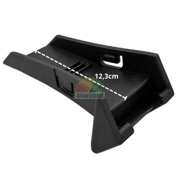 Black plastic mounting element with a length dimension of 12.3 cm shown on a white background.