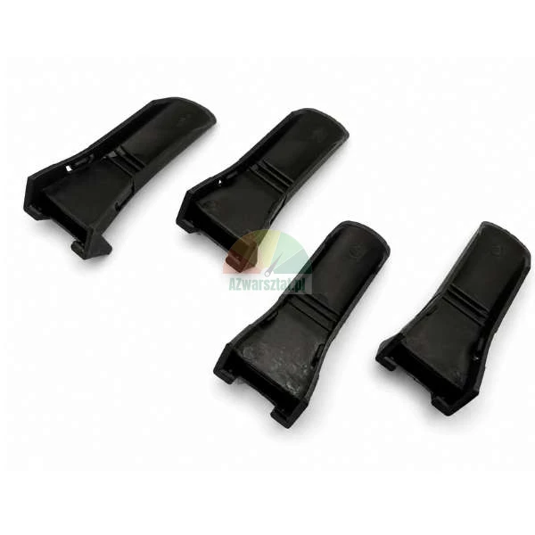 Four black plastic window regulator slider clips on a white background.