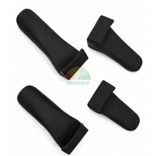 Set of four black protective covers for armrests, consisting of two long and two short pads, isolated on a white background.