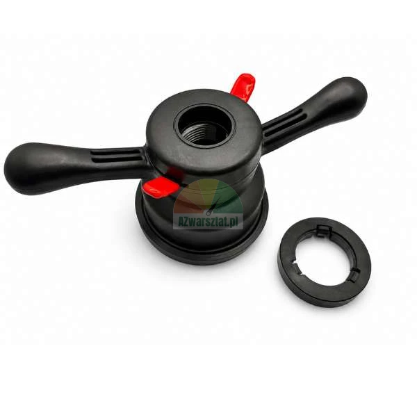 Quick release wing nut for wheel balancer with two handles and red levers, alongside a pressure ring on a white background.