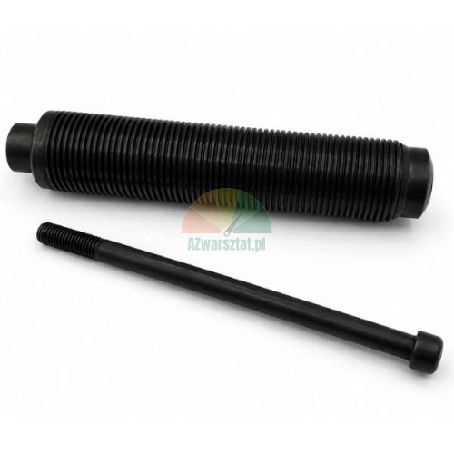 Black threaded wheel balancer shaft 40mm in diameter and 20.5cm long with a mounting bolt on a white background