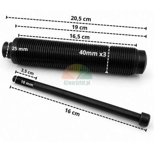 Wheel balancer shaft 40mm, 20.5cm long with mounting bolt and dimensions.