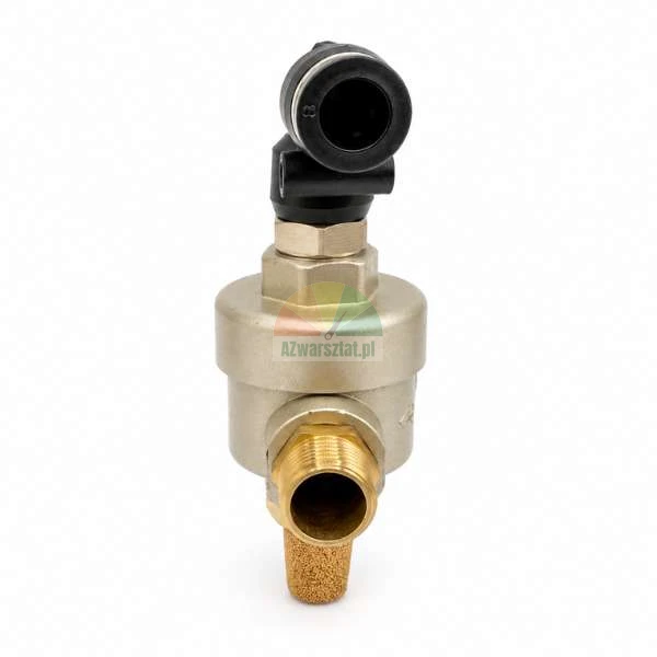 Quick exhaust valve with a push-in fitting, brass thread, and sintered bronze silencer on a white background.