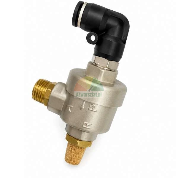 Quick exhaust valve with a sintered bronze silencer and a black elbow push-in fitting on a white background.
