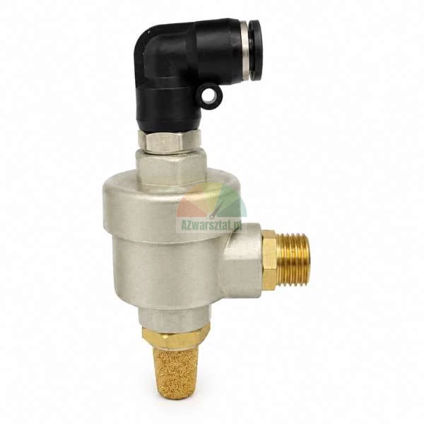 Pneumatic quick exhaust valve with a black elbow push-in fitting, brass thread, and sintered bronze silencer on a white background.