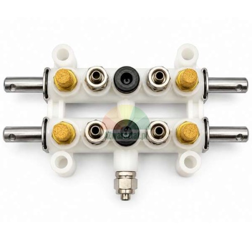 White plastic valve block - air manifold type D with brass filters and metal fittings, top view