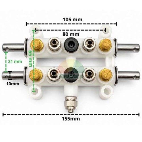 White plastic valve block and air distributor type D with marked dimensions
