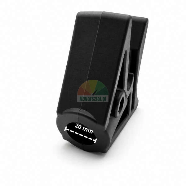 Black plastic mounting bracket with a marked opening diameter of 20 mm on a white background.