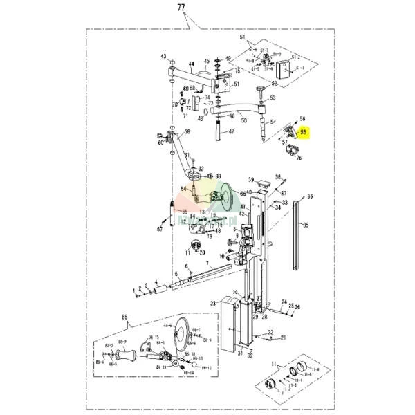 Technical schematic diagram of machine components with part number 55 highlighted in yellow.