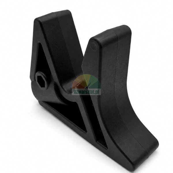 Black plastic V-shaped mounting bracket holder with a side hex screw on a white background