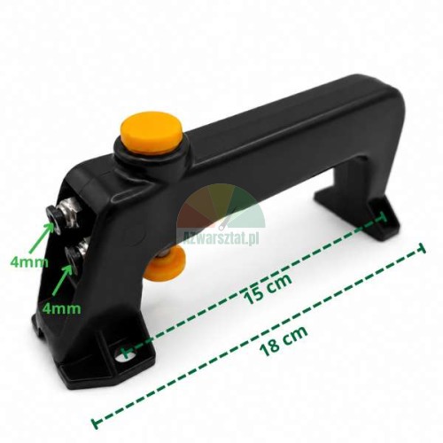 Black handle with a valve and a button, 4mm hose connectors, dimensions 15 cm and 18 cm.