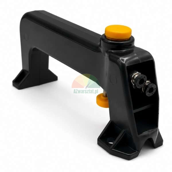 Black pneumatic handle switch with a yellow push button and two pneumatic fittings, shot on a white background.