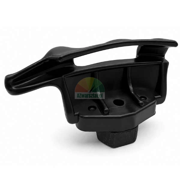 Black plastic mounting bracket or tie-down cleat with a curved handle and mounting holes, isolated on a white background.
