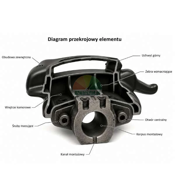 Cross-sectional diagram of a black mechanical component with labeled parts including outer casing, chambered interior, mounting screws, mounting channel, mounting body, central hole, reinforcing ribs, and upper handle.