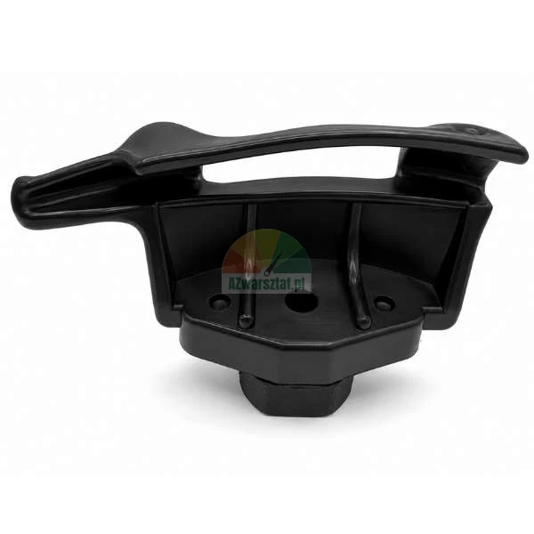 Black plastic bracket mounting clamp with a curved top loop and mounting holes, isolated on a white background.