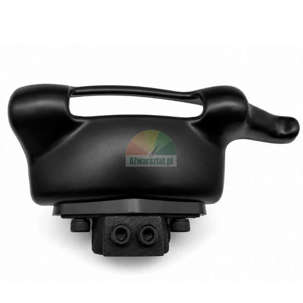Black plastic protective cover shaped like a tire changer demount head, with a bottom mounting clamp and two hex bolts, isolated on a white background.