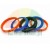 Five colorful ring seals in orange, blue, and black arranged in a row on a white background.