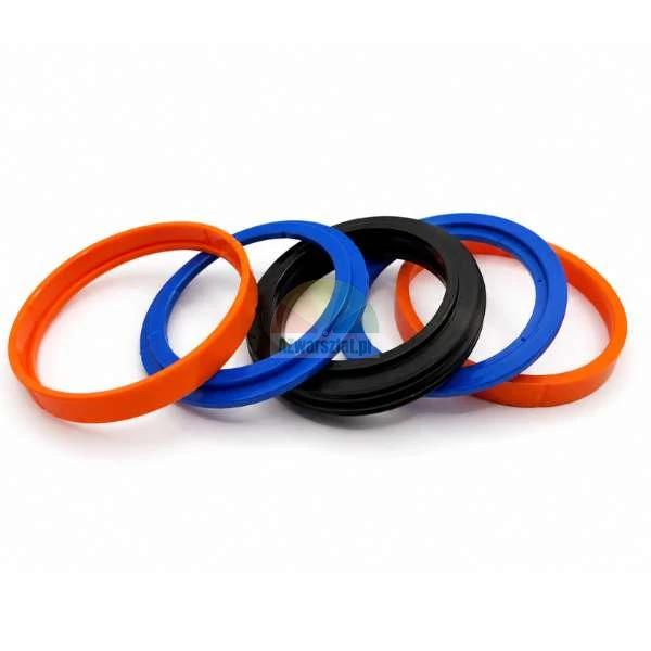 Five colorful ring seals in orange, blue, and black arranged in a row on a white background.