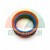 Three-color hydraulic piston seal in orange, blue, and black on a white background.