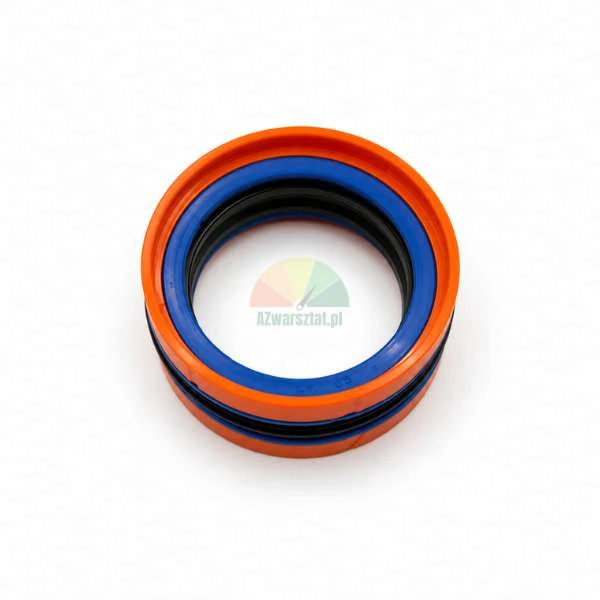Three-color hydraulic piston seal in orange, blue, and black on a white background.