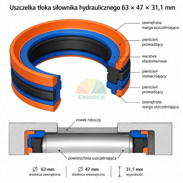 Diagram and cross-section of a 63 x 47 x 31.1 mm hydraulic cylinder piston seal with labels pointing to the outer sealing lip, guide ring, elastomer layer, and reinforcing ring.
