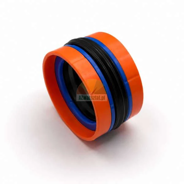 Multi-part hydraulic piston seal with orange, blue, and black components, isolated on a white background.