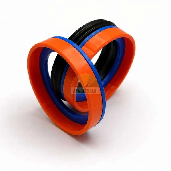 Three colorful hydraulic seals (orange, blue, and black) arranged together on a white background.