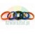 A set of colorful ring seals - orange, blue, and black - arranged in a row on a white background.