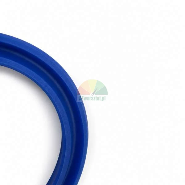 Blue polyurethane U-cup lip seal close-up on a white background.