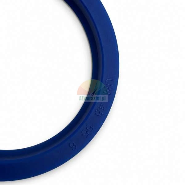 Close-up of a blue polyurethane hydraulic seal with embossed numbers UN 45 55 6 on a white background.