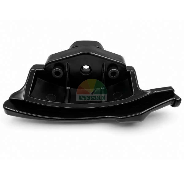 Black plastic mounting element, possibly a chain guide or protector, top view on a light background.