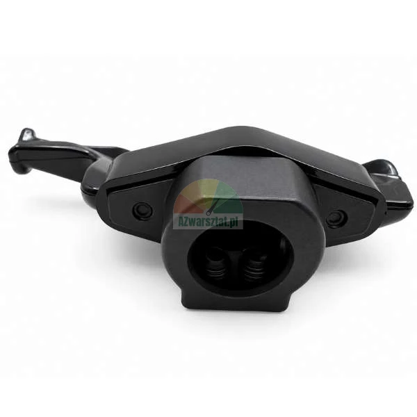 Black metal mounting bracket with a round central opening and side wings on a white background