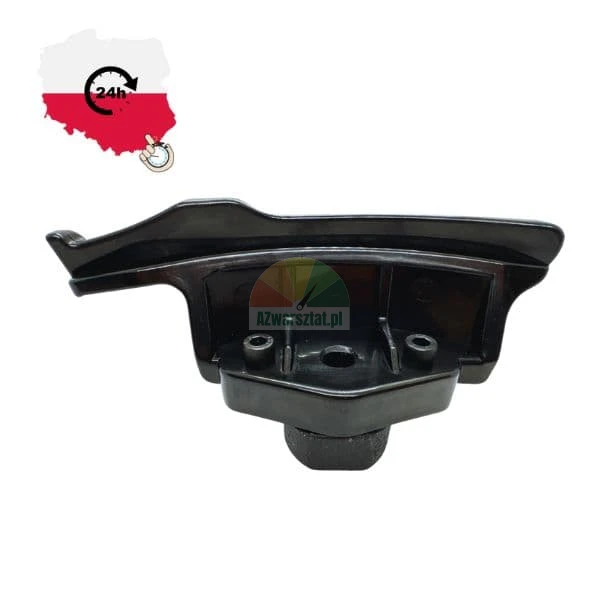Black plastic spare part, guide rail with mounting holes, on a white background. In the upper left corner, a graphic with the map of Poland and a 24h fast shipping symbol.