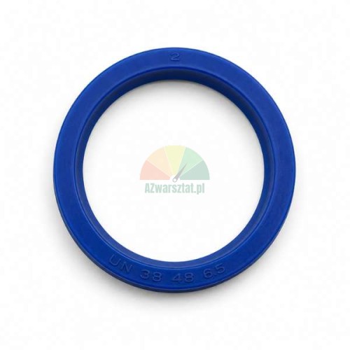 Blue polyurethane hydraulic cylinder seal of UN type, size 38x48x6.5 mm, top view on a white background.