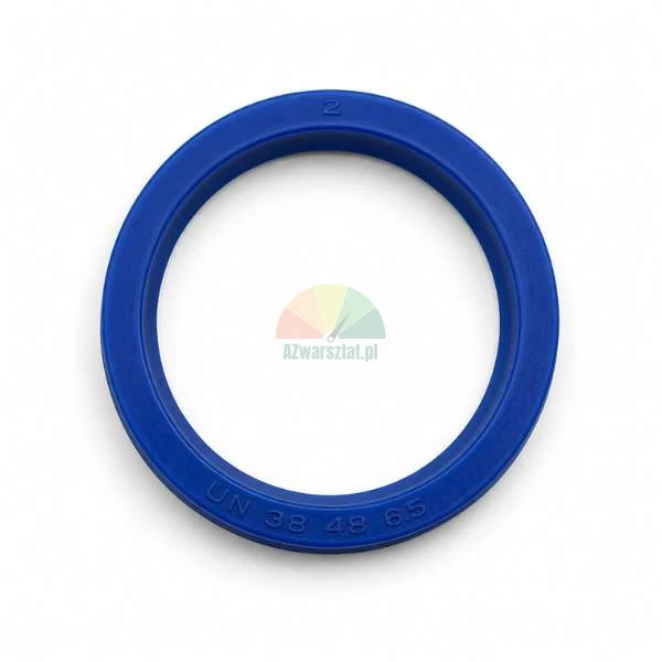 Blue polyurethane hydraulic cylinder seal of UN type, size 38x48x6.5 mm, top view on a white background.