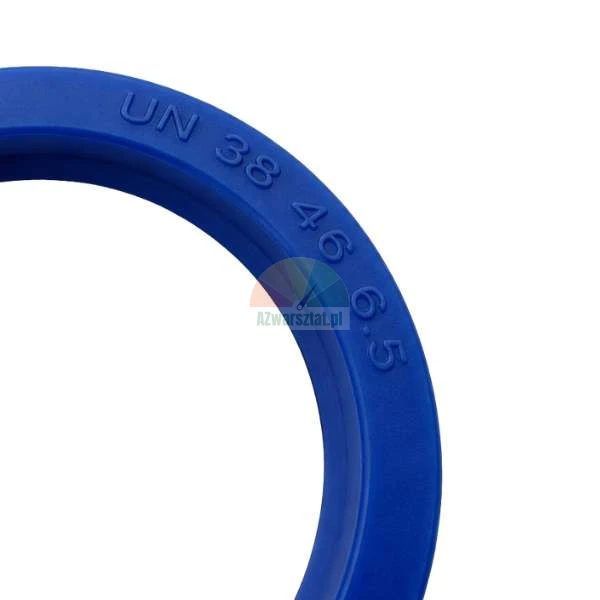 Close-up of a blue polyurethane hydraulic seal with embossed markings 'UN 38 46 6.5' on a white background.
