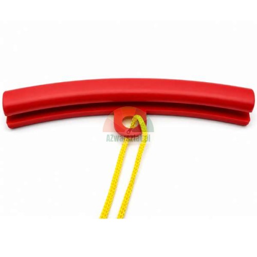 Red rim protector with a yellow cord, designed to protect wheel rims from scratches during tire mounting