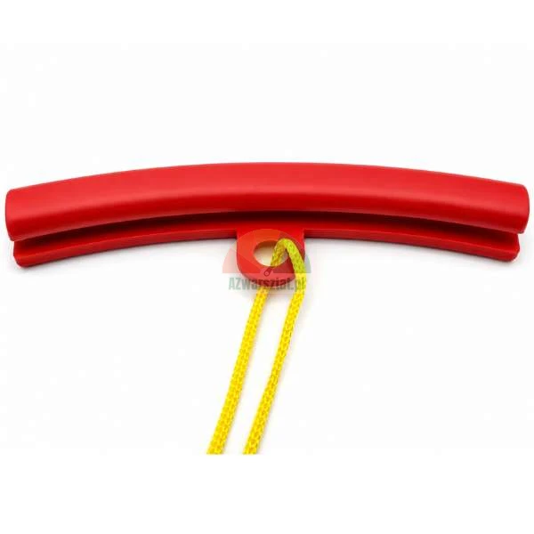 Red rim protector with a yellow cord, designed to protect wheel rims from scratches during tire mounting