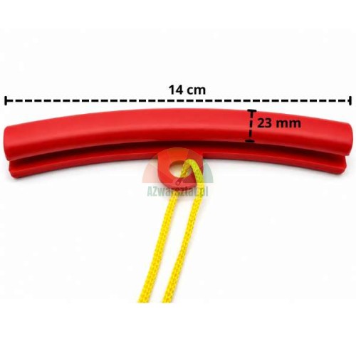 Red rim protector with yellow cord, measuring 14 cm by 23 mm.