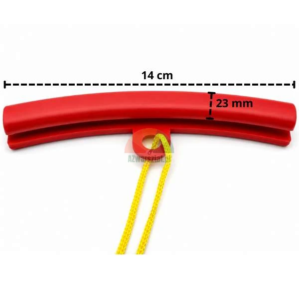 Red rim protector with yellow cord, measuring 14 cm by 23 mm.