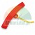 A red, curved plastic handle with an attached yellow string, shown on a white background.
