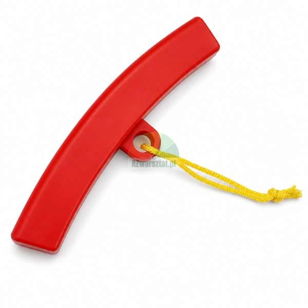 A red, curved plastic handle with an attached yellow string, shown on a white background.