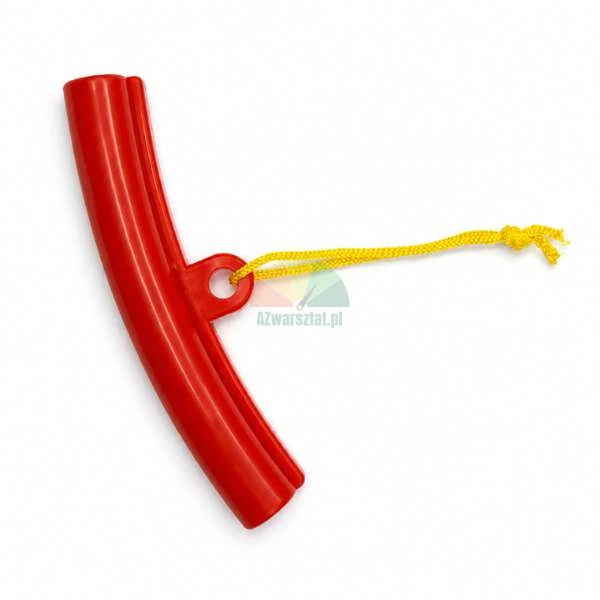 Red plastic motorcycle rim protector with a yellow string to prevent scratches during tire changing.