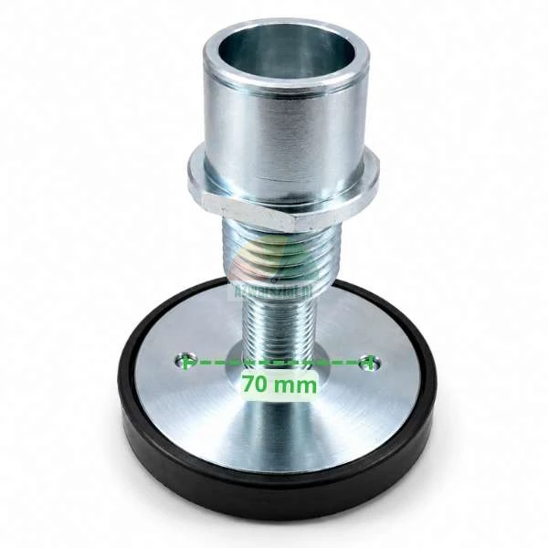 Metal leveling foot with a rubber base and a green diagram showing a 70 mm mounting hole spacing.