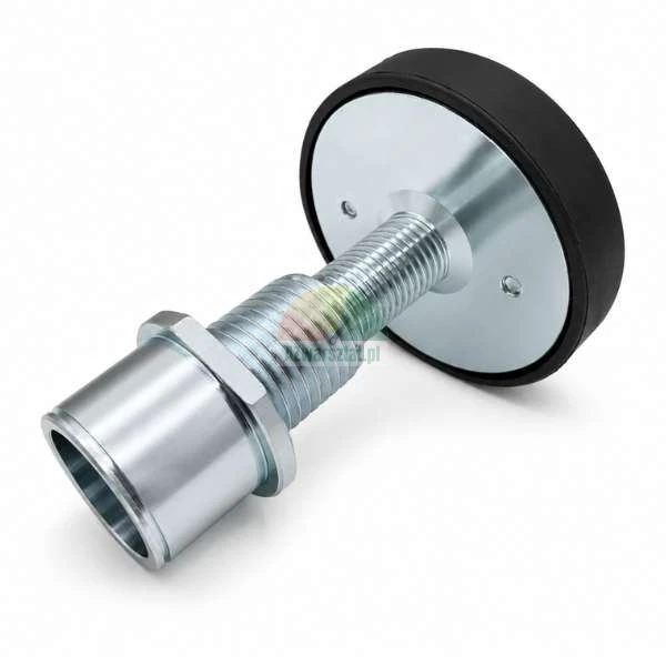 Adjustable leveling foot with a threaded bolt, locking nut, and a round metal plate with a black rubber pad on a white background.