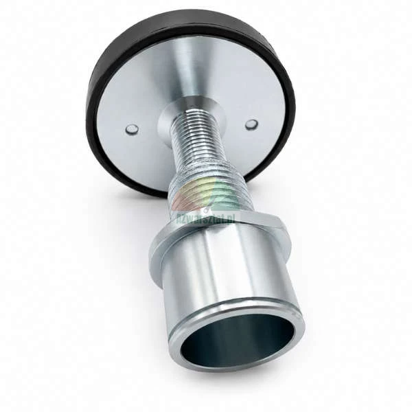 Silver metal door stop with adjustable thread and a black rubber bumper.