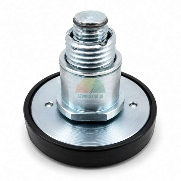 Metal leveling foot with a black rubber base and a threaded adjustable screw on a white background.