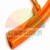 Close-up of an orange plastic profile rail with an eyelet and a threaded rope on a white background.