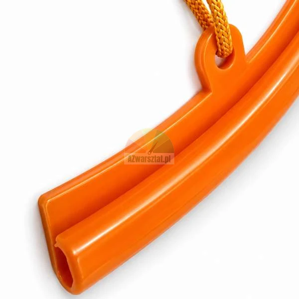 Close-up of an orange plastic profile rail with an eyelet and a threaded rope on a white background.