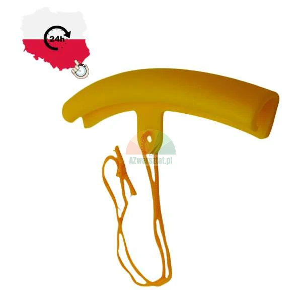 Yellow motorcycle wheel rim protector with an orange string, tire changing tool.